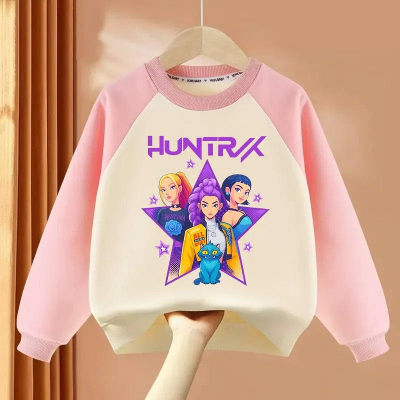Girls O-Neck Spliced Long Sleeve Hoodies Cartoon Print Casual Pullovers