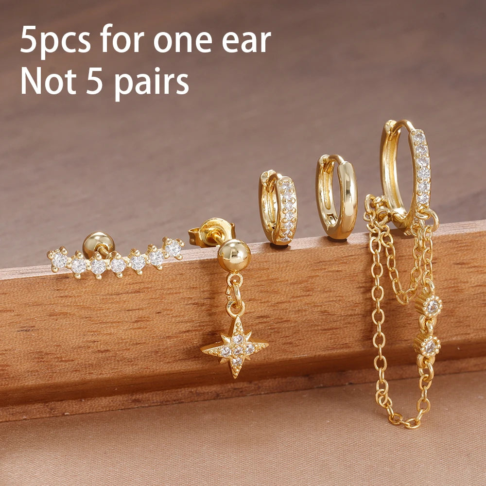 5PCS Crystal Zirconia Stainless Steel Hoop Earrings Star Chain