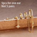 5PCS Crystal Zirconia Stainless Steel Hoop Earrings Star Chain