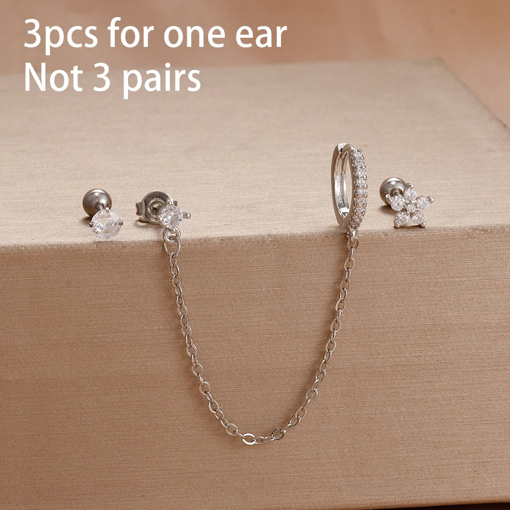 3PCS Fashion Simple Zircon Hoop Earrings Set Stainless Steel Punk