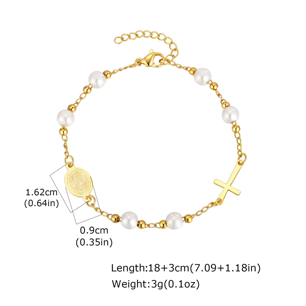 Stainless Steel Virgin Mary St Benedict Cross Bracelet, Bead Chain Bracelet Women Religious Jewelry