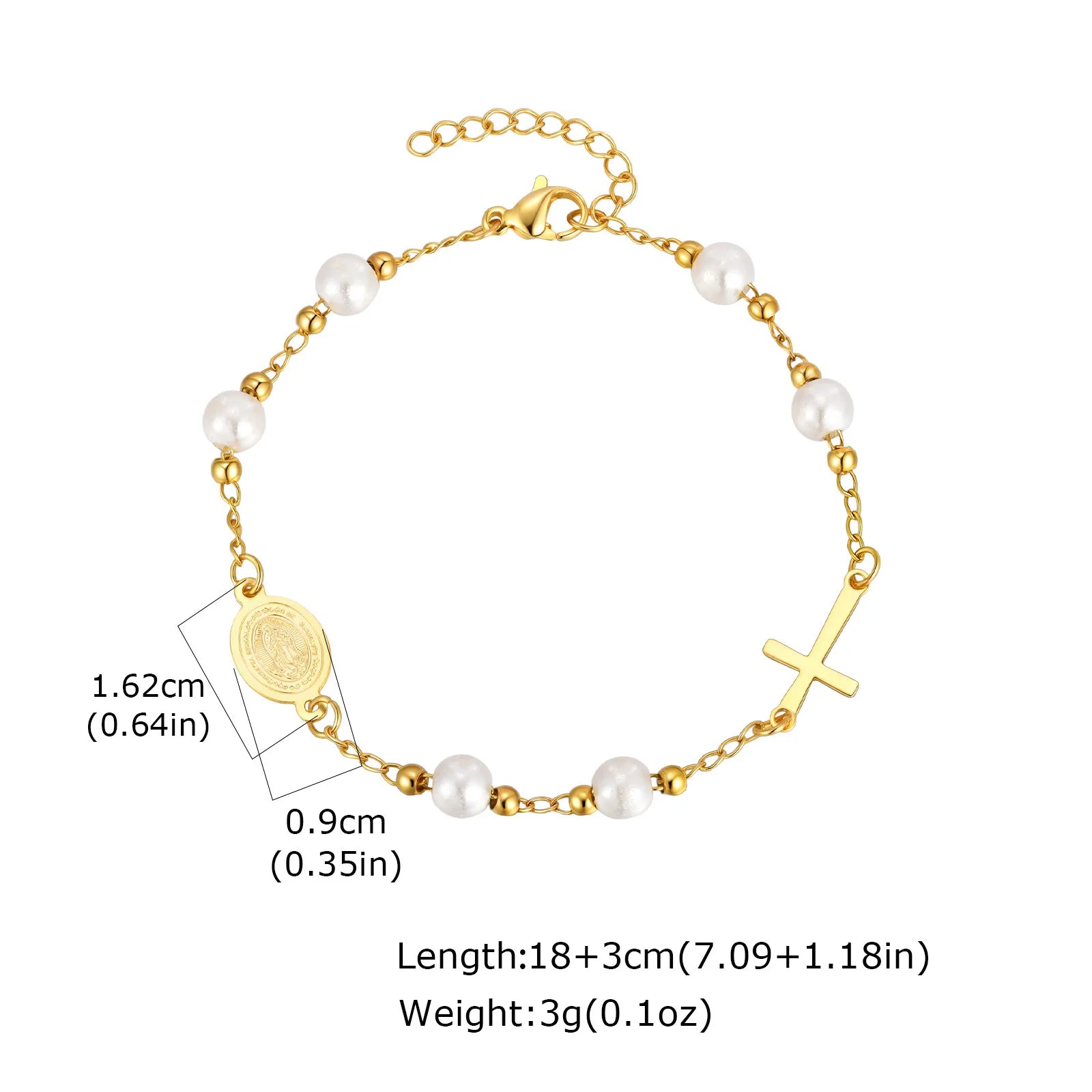 Stainless Steel Virgin Mary St Benedict Cross Bracelet, Bead Chain Bracelet Women Religious Jewelry