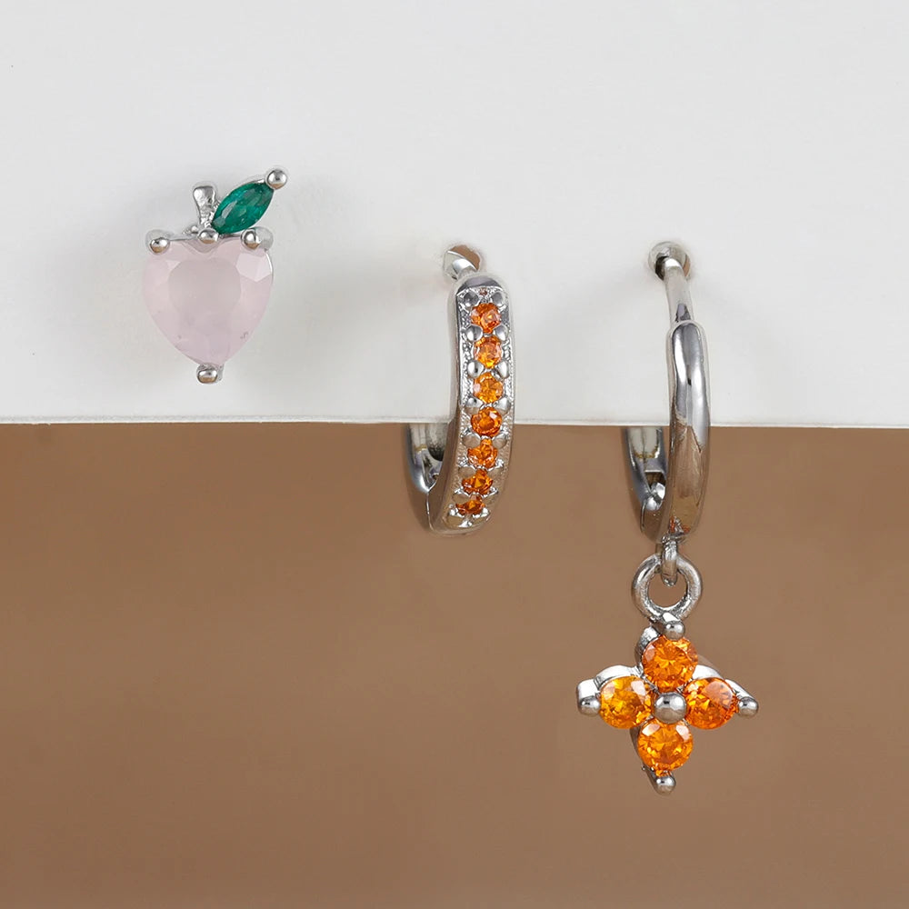 3PCS Stainless Steel Orange Zirconia Flower Pendant Hanging Earrings Set