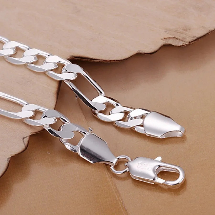 6-8mm Figaro Chain Bracelet 20cm 925 Sterling Silver Men Women Wedding Gift