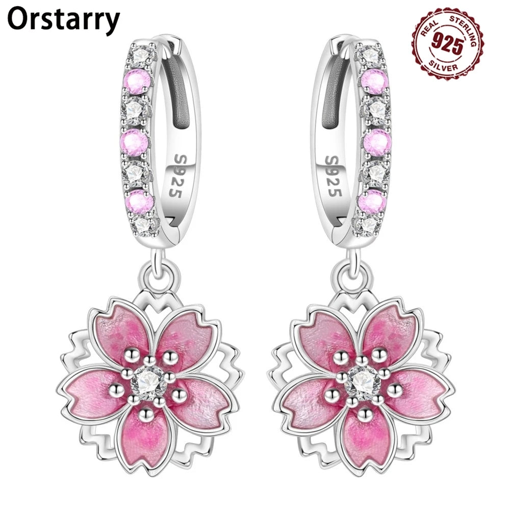 925 Sterling Silver Pink Cherry Blossom Flower Drop Earrings Jewellery Gift