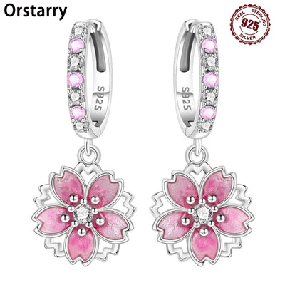 925 Sterling Silver Pink Cherry Blossom Flower Drop Earrings Jewellery Gift