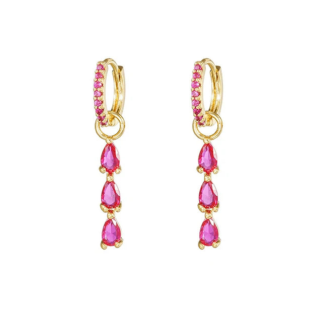 Luxury Rose Red Zircon Stainless Steel Water Drop Hoop Earring