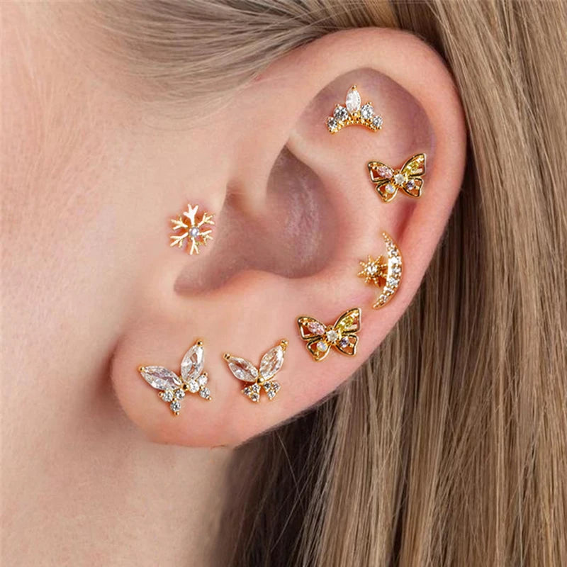 Vintage Gold Plated Stainless Steel Butterfly Studs Snowflake Zircon
