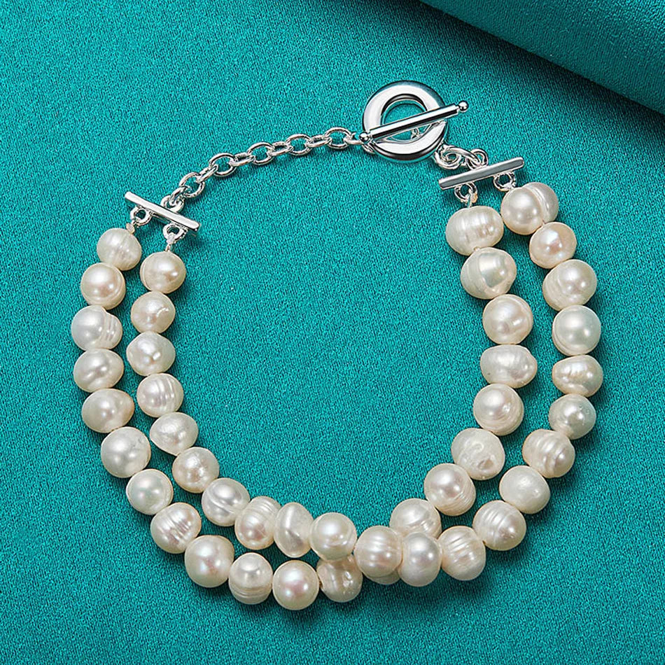 Natural Freshwater Pearl Chain Bracelet 20cm 925 Sterling Silver Wedding Gift