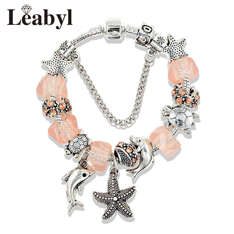 Classic Dolphin Charm Bracelet Blue Murano Crystal Glass DIY Bead Bangle