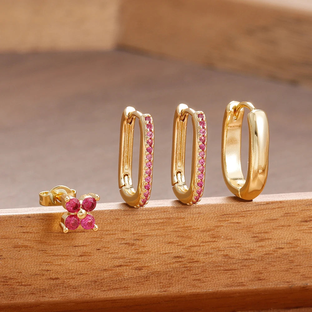 4PCS Simple Zircon U-Shape Hoop Earrings Set Stainless Steel Flower
