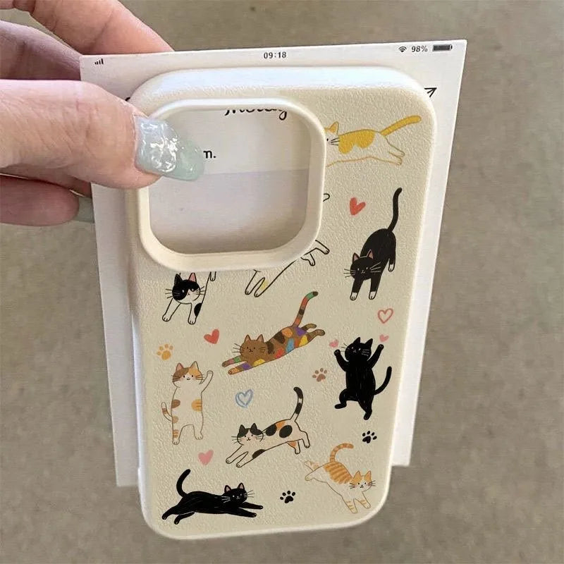 Cute Love Heart Cat Lychee Case for iPhone 17 16 15 14 Pro Max