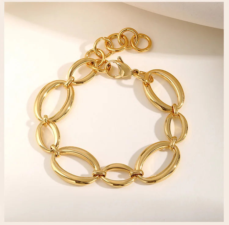 Stainless Steel Oval Fancy Link Chain Bracelets For Women, Chunky Thick Geometric Bangle Hypoallergenic Jewelry