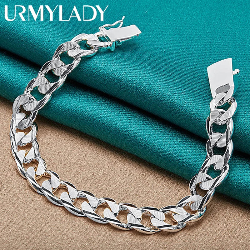 10mm Side Chain Bracelet 925 Sterling Silver Men Women Wedding Charm Gift