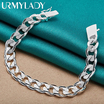 10mm Side Chain Bracelet 925 Sterling Silver Men Women Wedding Charm Gift