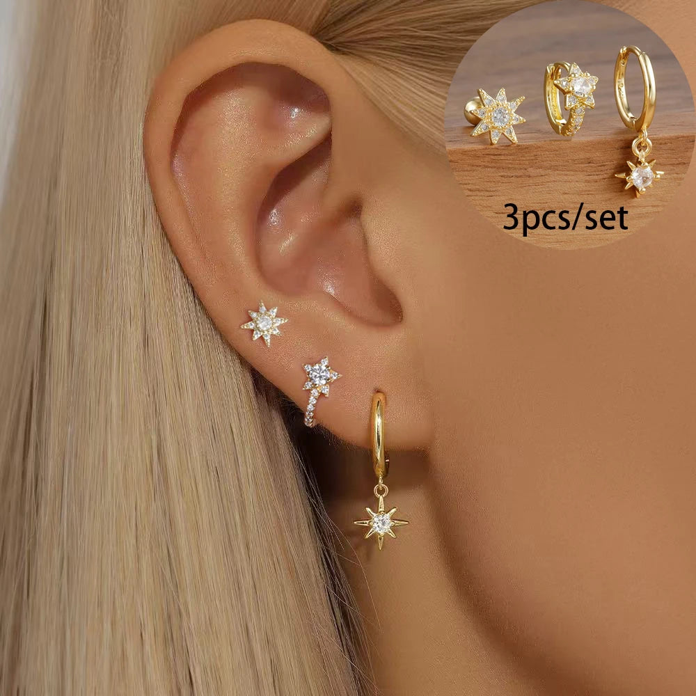 3PCS Gold Sparkling Zircons Star Dangle Earrings Set for Women