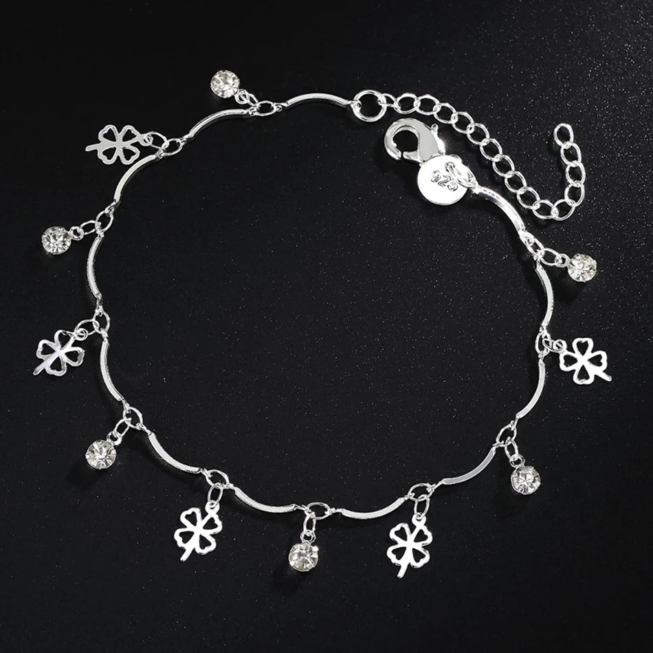 Lucky Clover Leaf Zircon Chain Bracelet 925 Sterling Silver Wedding Party