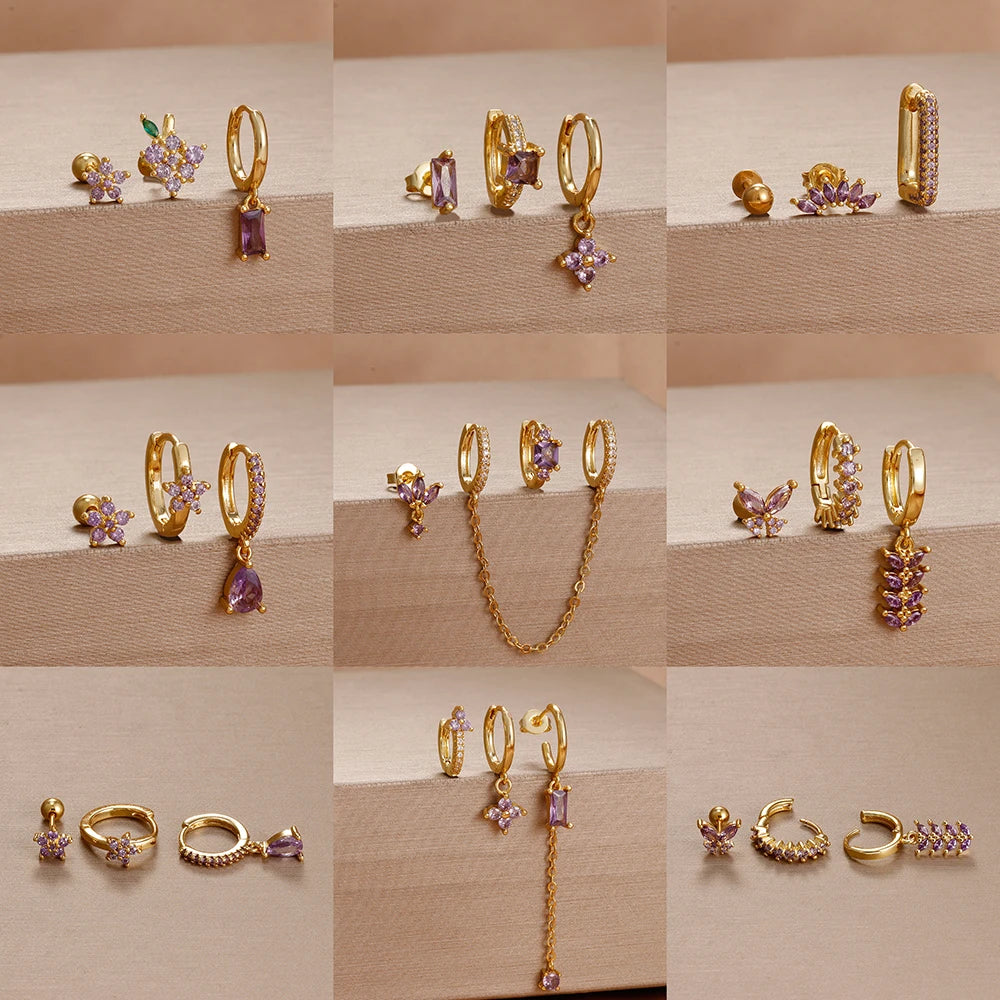 3pcs Purple Cubic Zirconia Piercing Earring Set Stainless Steel