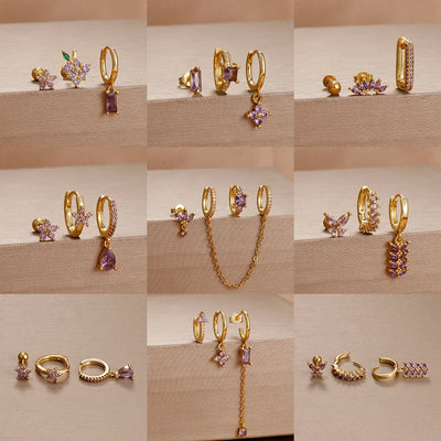 3pcs Purple Cubic Zirconia Piercing Earring Set Stainless Steel