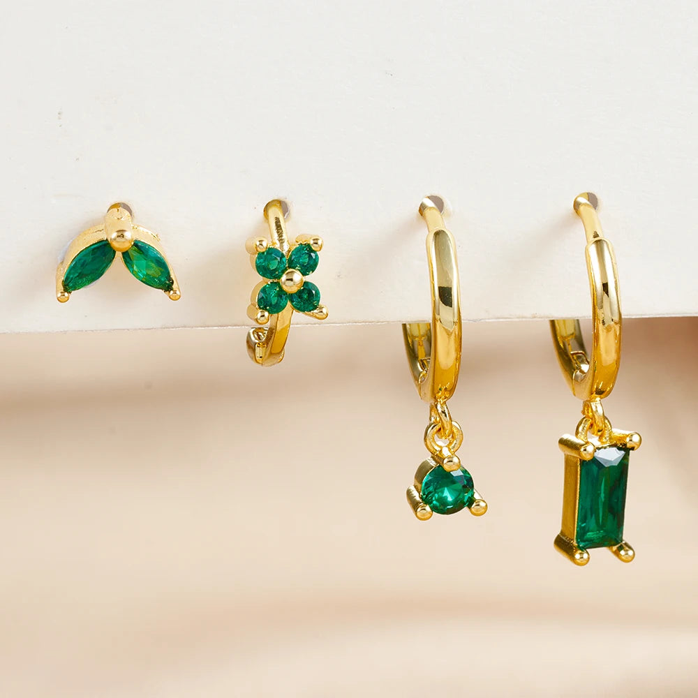 4PCS Green Crystal Zircon Stainless Steel Hoop Earrings Square Set