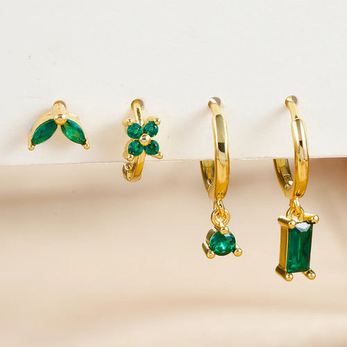 4PCS Green Crystal Zircon Stainless Steel Hoop Earrings Square Set