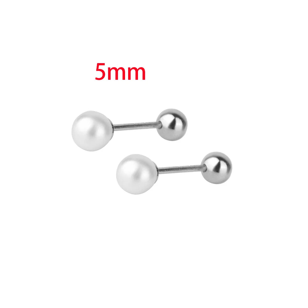2PCS Stainless Steel Pearl Ear Studs Earrings Women Men 3-5mm