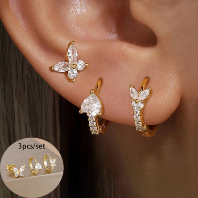 3Piece Stainless Steel Huggie Minimal Butterfly Hoop Earrings Heart