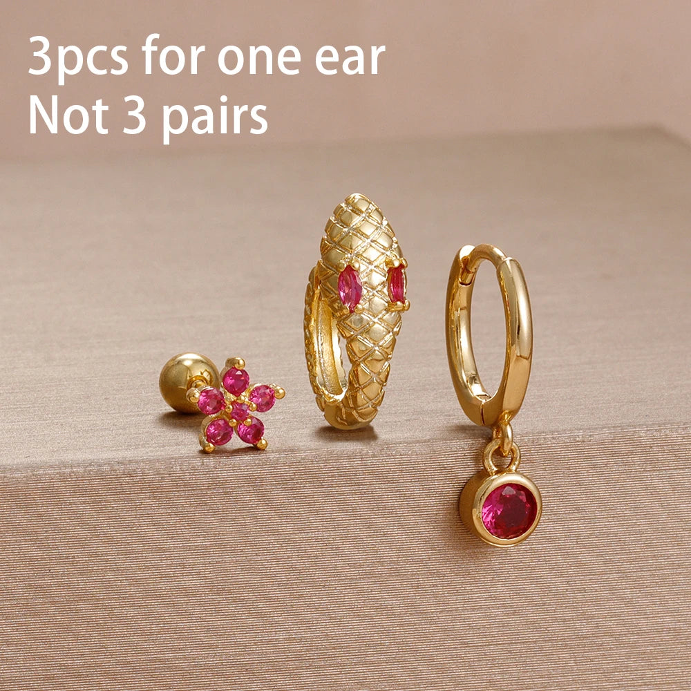 3PCS Unique Stainless Steel Earrings Set Rose Red Crystal Zircon