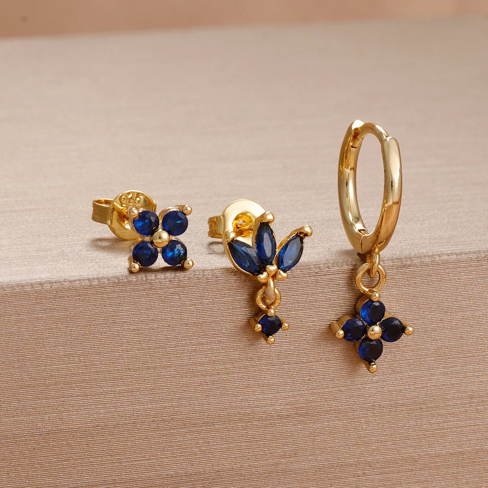 3PCS Cute Flower Stainless Steel Blue Zircons Small Hoop Earrings