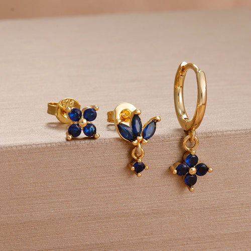 3PCS Cute Flower Stainless Steel Blue Zircons Small Hoop Earrings