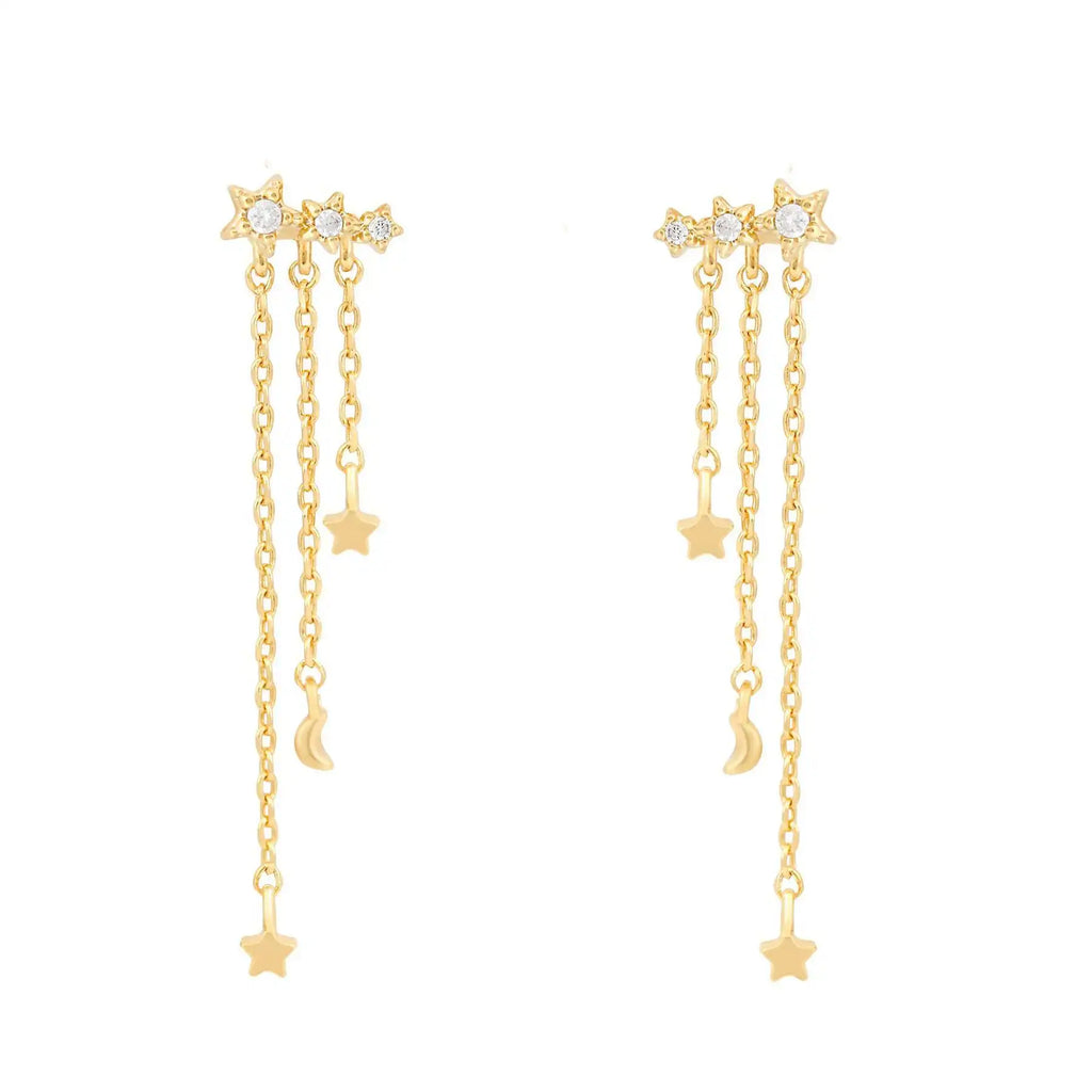 New Trend Cubic Zirconia Long Tassel Drop Earrings Star Moon Chain