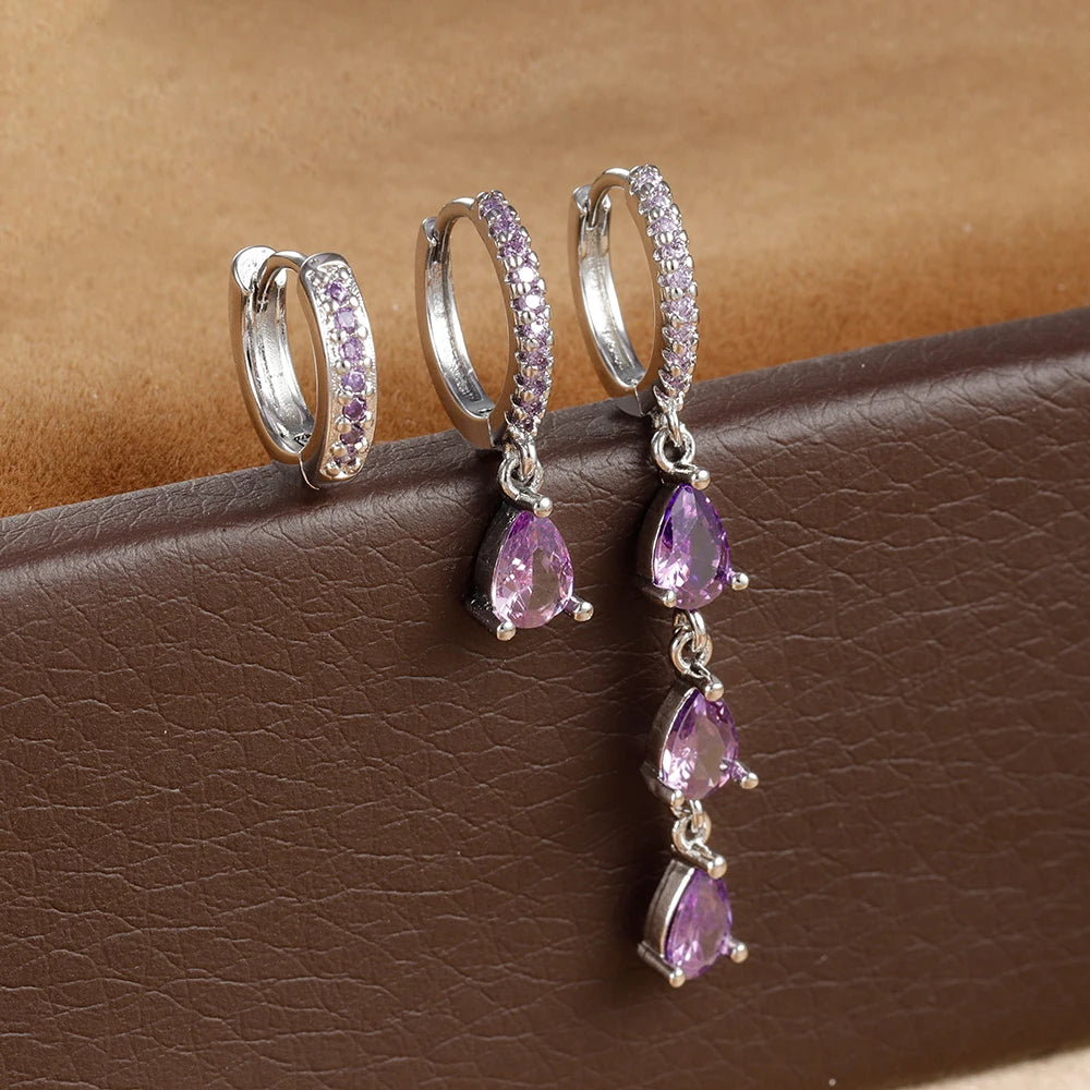 3PCS Stainless Steel Water Drop Hoop Earrings 18K Gold Plated Zirconia