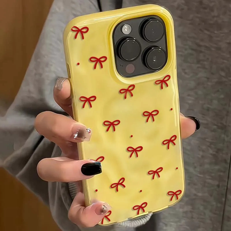 Red Bow Dots Texture Case for iPhone 17 16 15 14 13 12 11 Pro Max Plus Soft