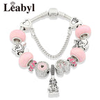 Antique Silver Castle Heart Minnie Mickey Charm Bracelet Pink Crystal Gift