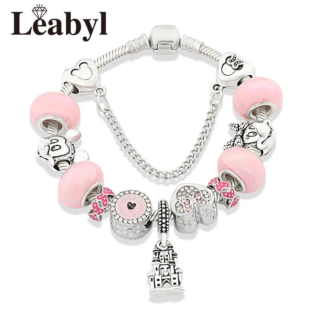 Antique Silver Castle Heart Minnie Mickey Charm Bracelet Pink Crystal Gift