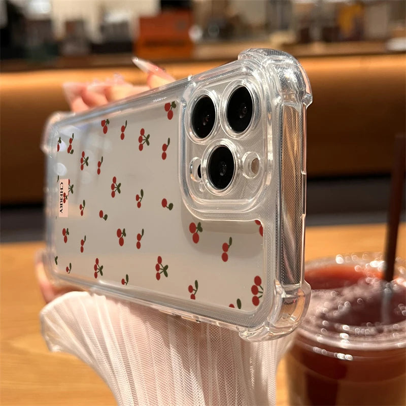 Cute Cherry Pattern Clear Case for iPhone 17 16 15 14 13 Pro Max