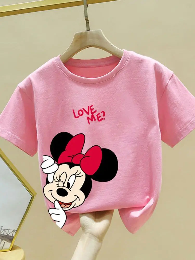 Disney Minnie Mouse Girls O-Neck T-Shirt Fashion Simple Short Sleeve Top