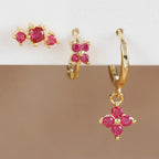 3PCS Stainless Steel Rose Red Zircon Flower Dangle Earring 18K Gold