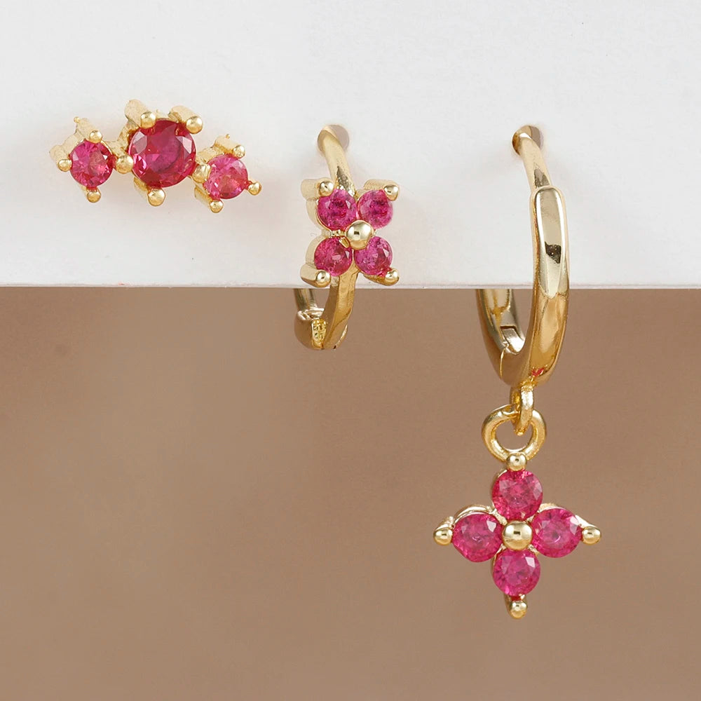 3PCS Stainless Steel Rose Red Zircon Flower Dangle Earring 18K Gold