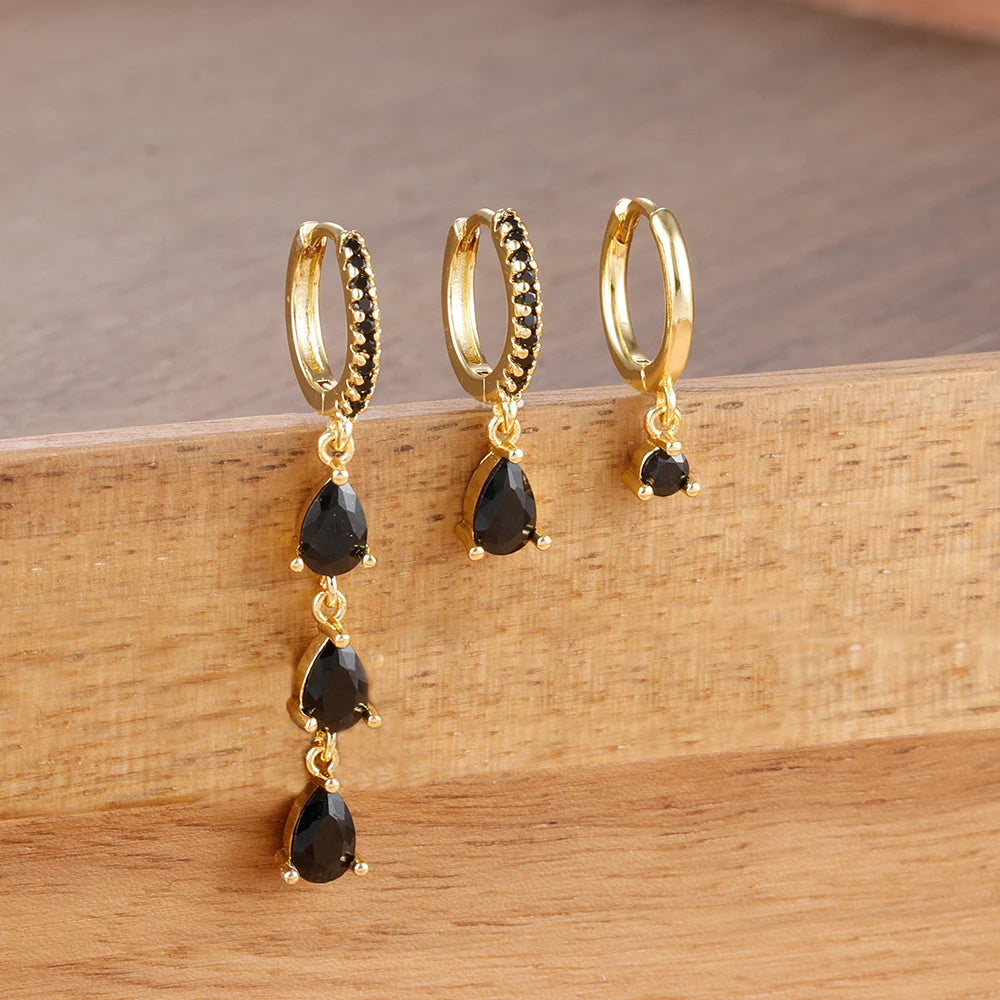 3PCS Exquisite Crystal Zirconia Water Drop Gold Colour Dangle Set