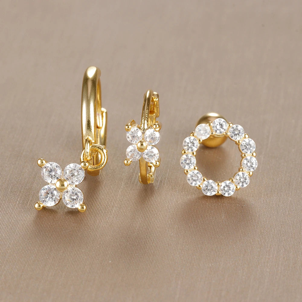 3PCS Vintage Design Four Flower Zircon Hoop Earrings Set Steel