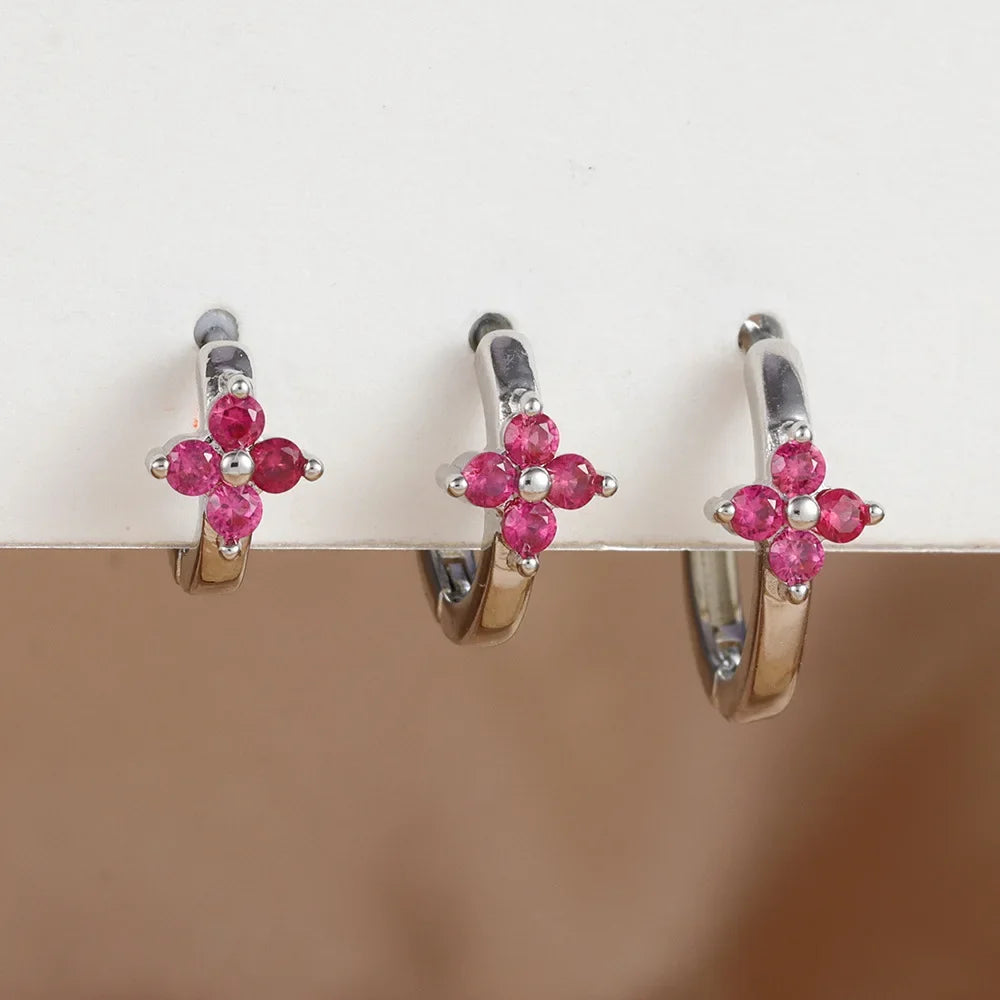 3PCS Simple Flower Zircon Hoop Earrings 18K Gold Plated Steel