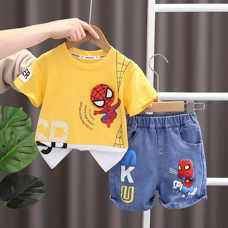 Summer Boys Spiderman Short Sleeve T-Shirt & Jeans Set Kids Fashion Clothing