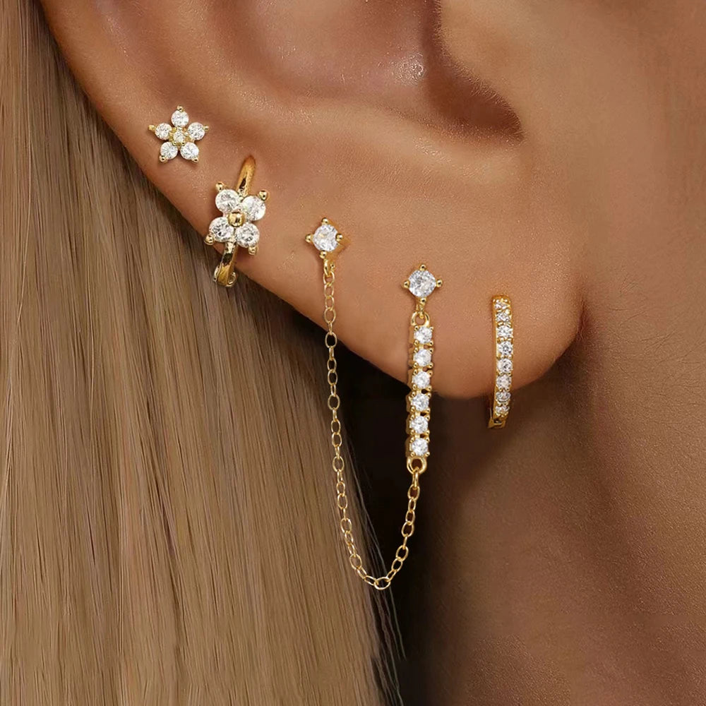 4PCS French Design Tassel Chain Pendant Hoop Earrings Set Zircon Stud