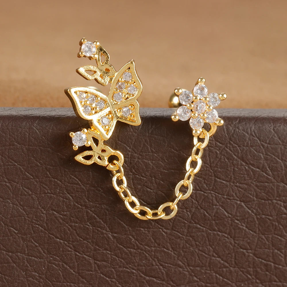 New Double Ear Studs Tassel Chain Hanging Earrings Flower Butterfly