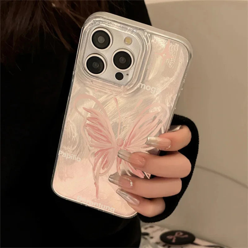 Pink Butterfly Laser Case for iPhone 16 15 14 13 12 11 Pro Max Plus XR XS