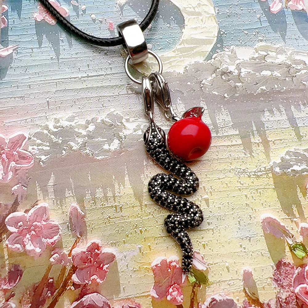 Snake and Red Apple Necklace 925 Sterling Silver Romantic Fine Jewellery
