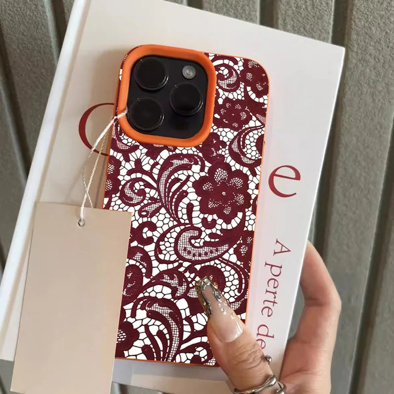 Red Lace Design Lychee Case for iPhone 17 16 15 14 13 12 Pro Max