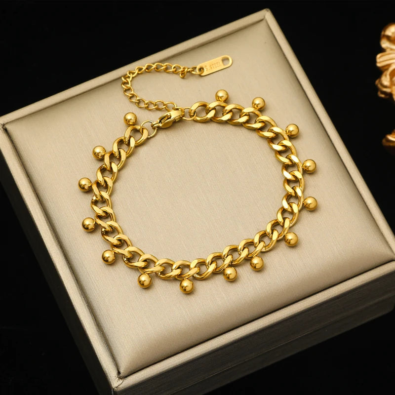 Metal Beads Heart Stainless Steel Bracelet Bangle Gold Colour Gift