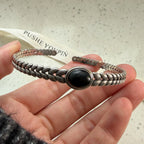 100% Solid 925 Sterling Silver Metal Bracelet for Women Men Vintage Black Stone Letters Handmade Simple Birthday Gift